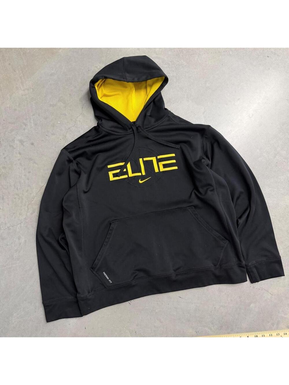 2000s Nike Elite Black and Yellow Dri Fit Athletic Hoodie Sized XL